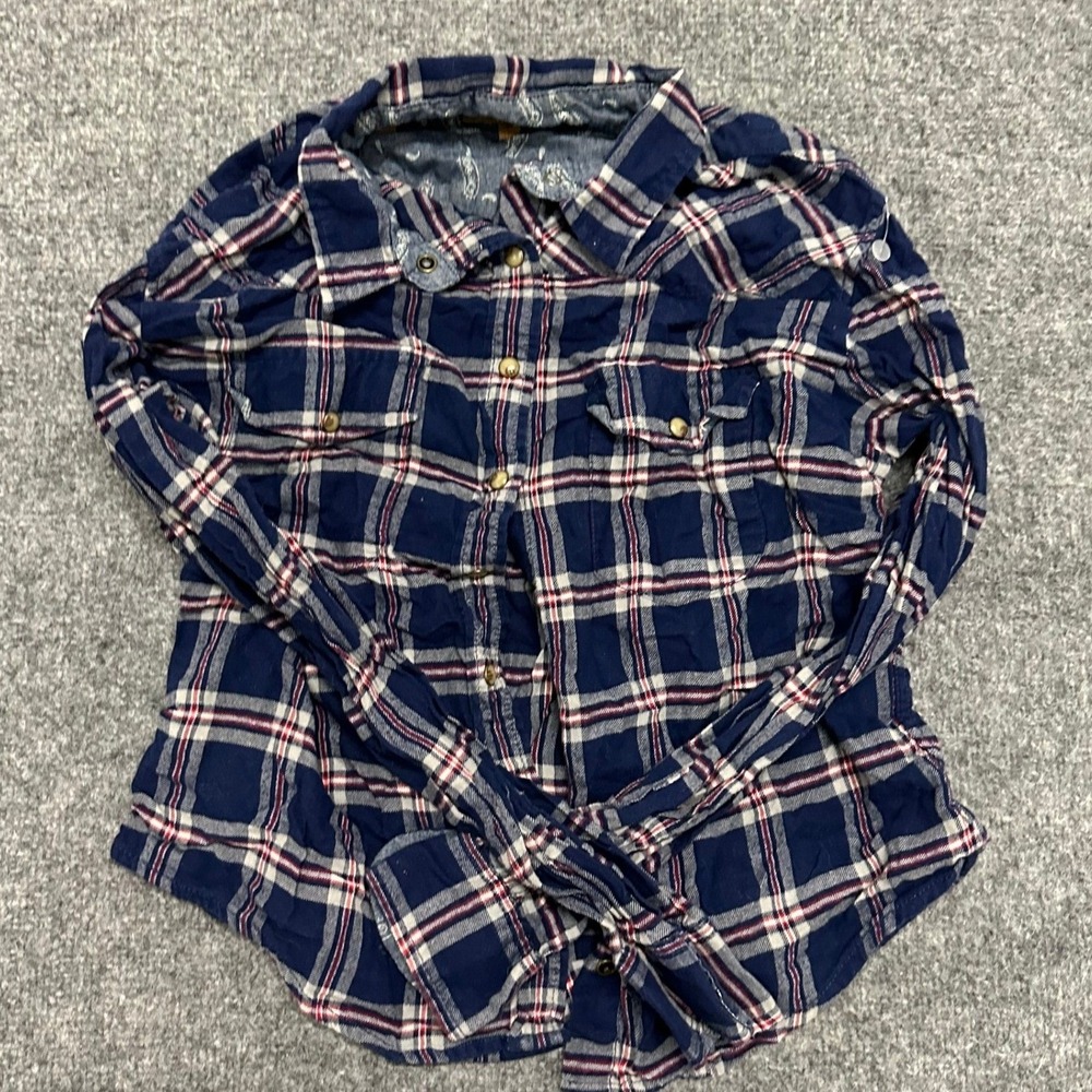 Jachs Girlfriend Flannel Womens Size M Navy Blue Red Plaid Cotton Button Down